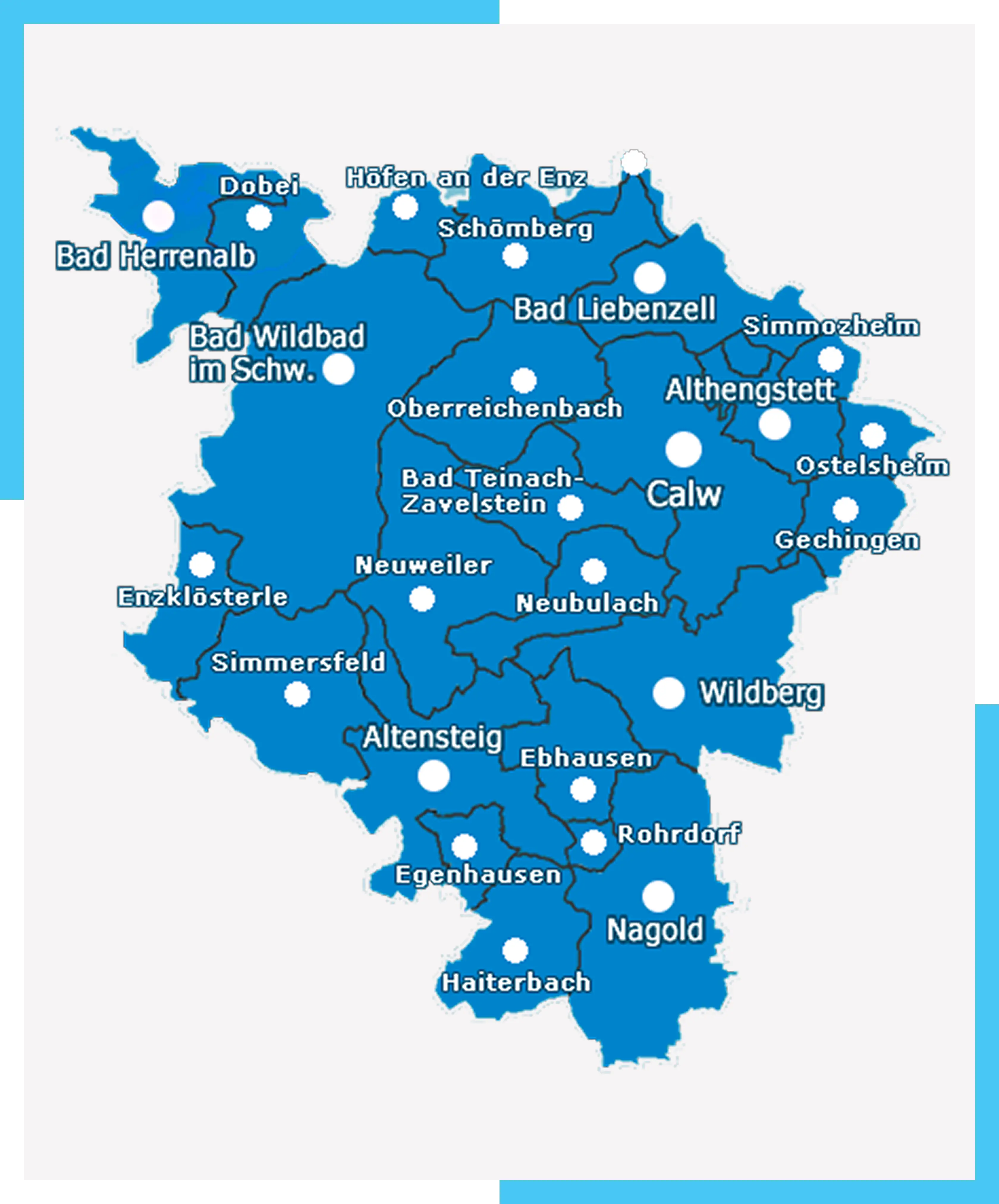 Karte des Landkreises Calw mit betreuten Städten und Gemeinden