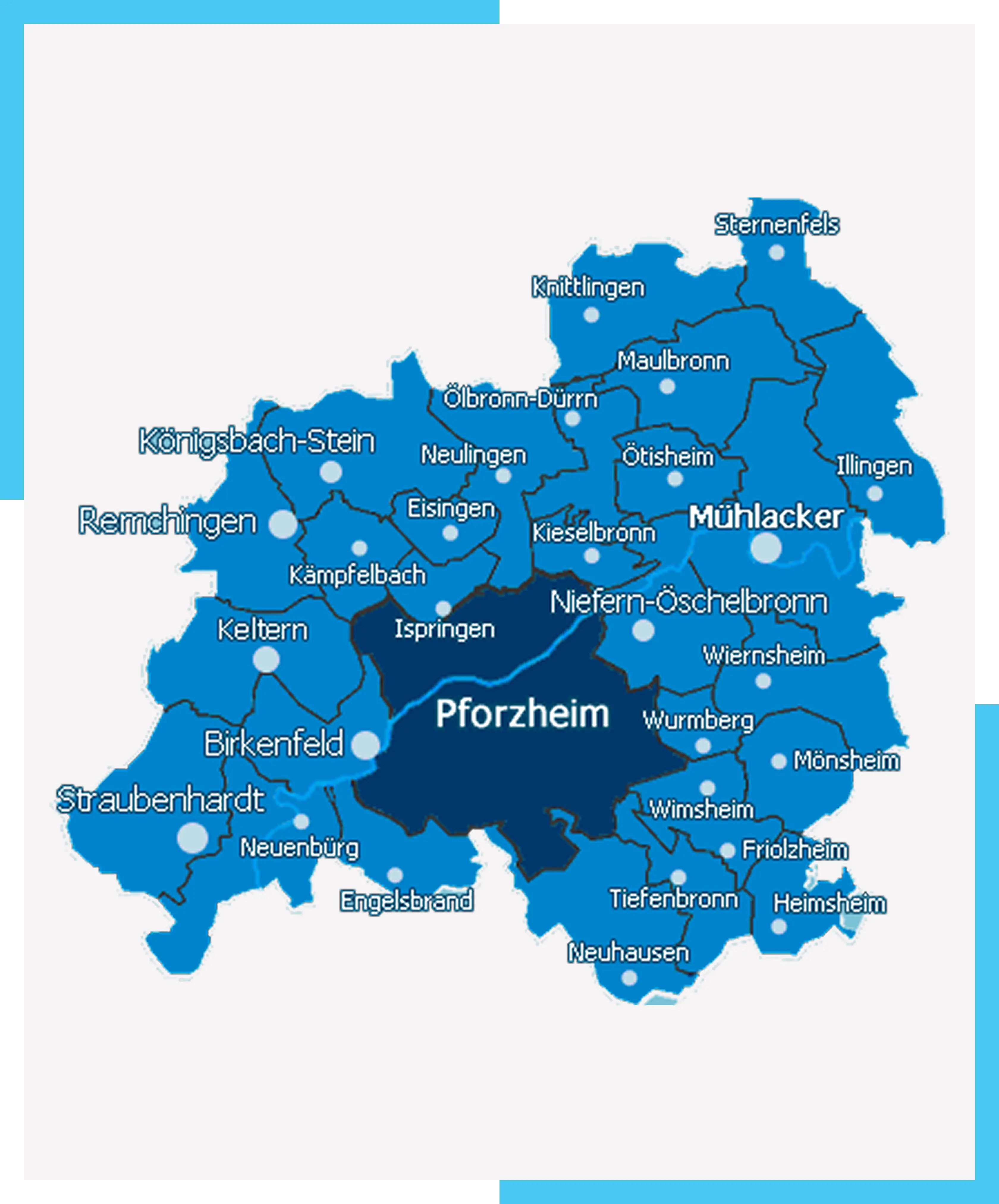 Karte des Enzkreises mit betreuten Städten und Gemeinden